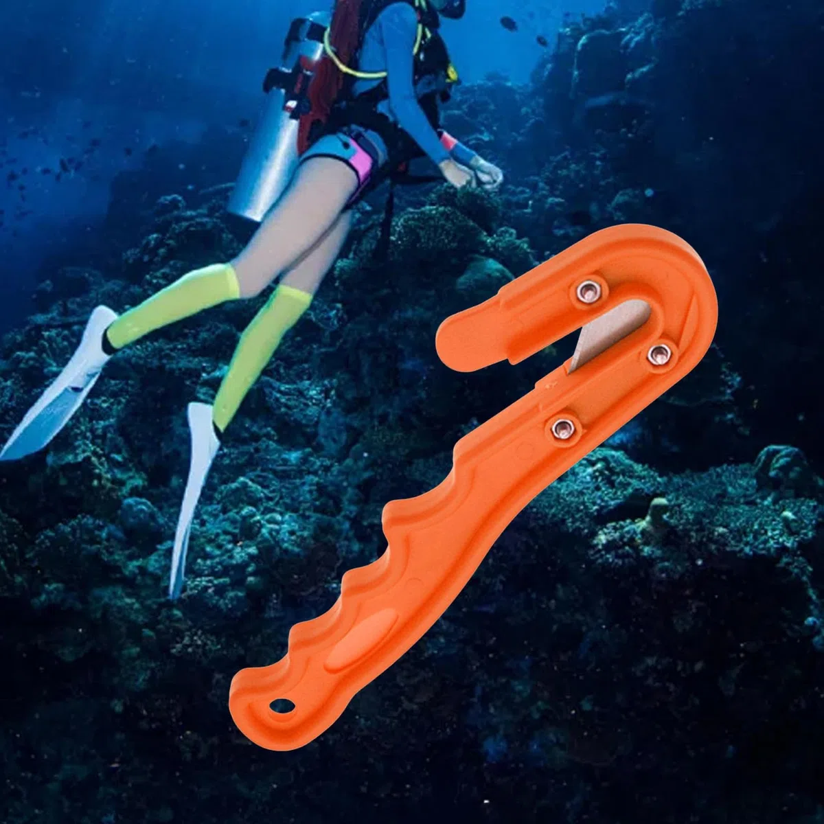 Herramienta de Corte de Emergencia, Cuchillo de Buceo Multifuncional, Herramienta de Corte para Buceo, Pesca con esnórquel, Naranja