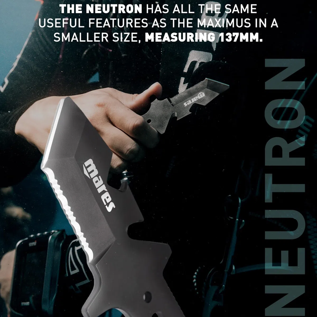 Mares Neutron - Cuchillo de buceo de acero inoxidable de 137 mm de largo, funda con trabillas y correas incluidas