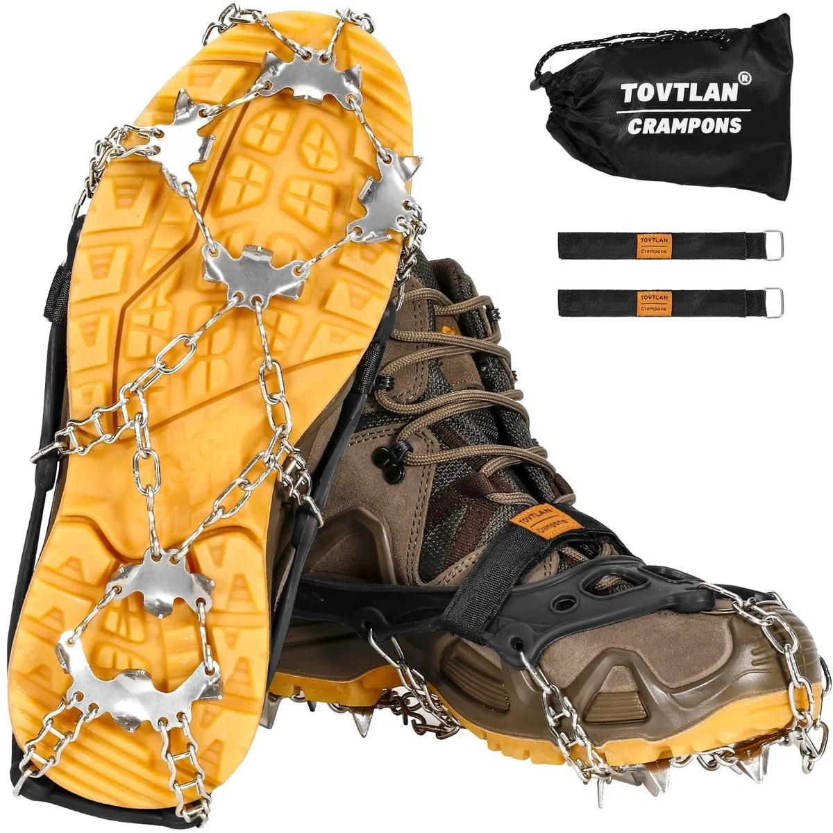 Crampones para Botas de Senderismo, 19 Dientes Crampones Acero Inoxidable Antideslizante Zapatos, Portátiles Crampones para Caminar, Senderismo, Escalada, Pesca y Montañismo
