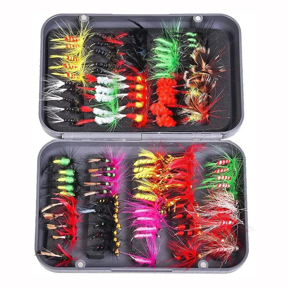 Kit de pesca con mosca de 100 piezas, surtido de moscas secas y húmedas con caja impermeable para pesca de truchas