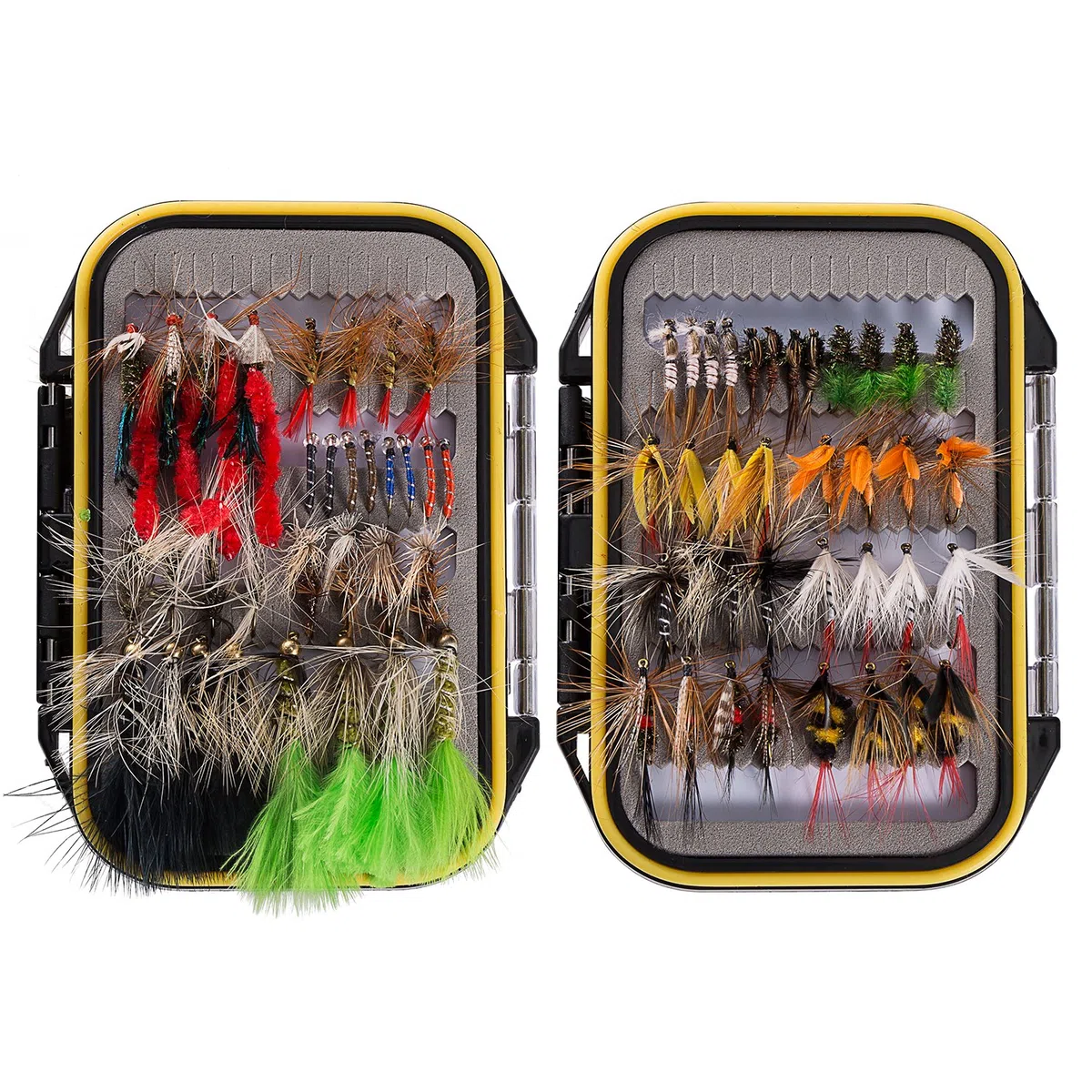 BASSDASH Kit de Moscas de Pesca con Mosca, Surtido de Moscas, Pesca de lubina con Caja de Moscas, 36/64/72/76/80/96 Piezas con Moscas secas/húmedas, ninfas, serpentinas, Popper