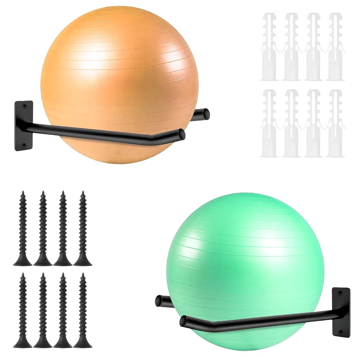 Soporte de pared para pelotas medicinales y esterilla de yoga, soporte de pared para 2 pares de pelotas de ejercicio, soporte de metal para almacenamiento de equipos de fitness en gimnasio o