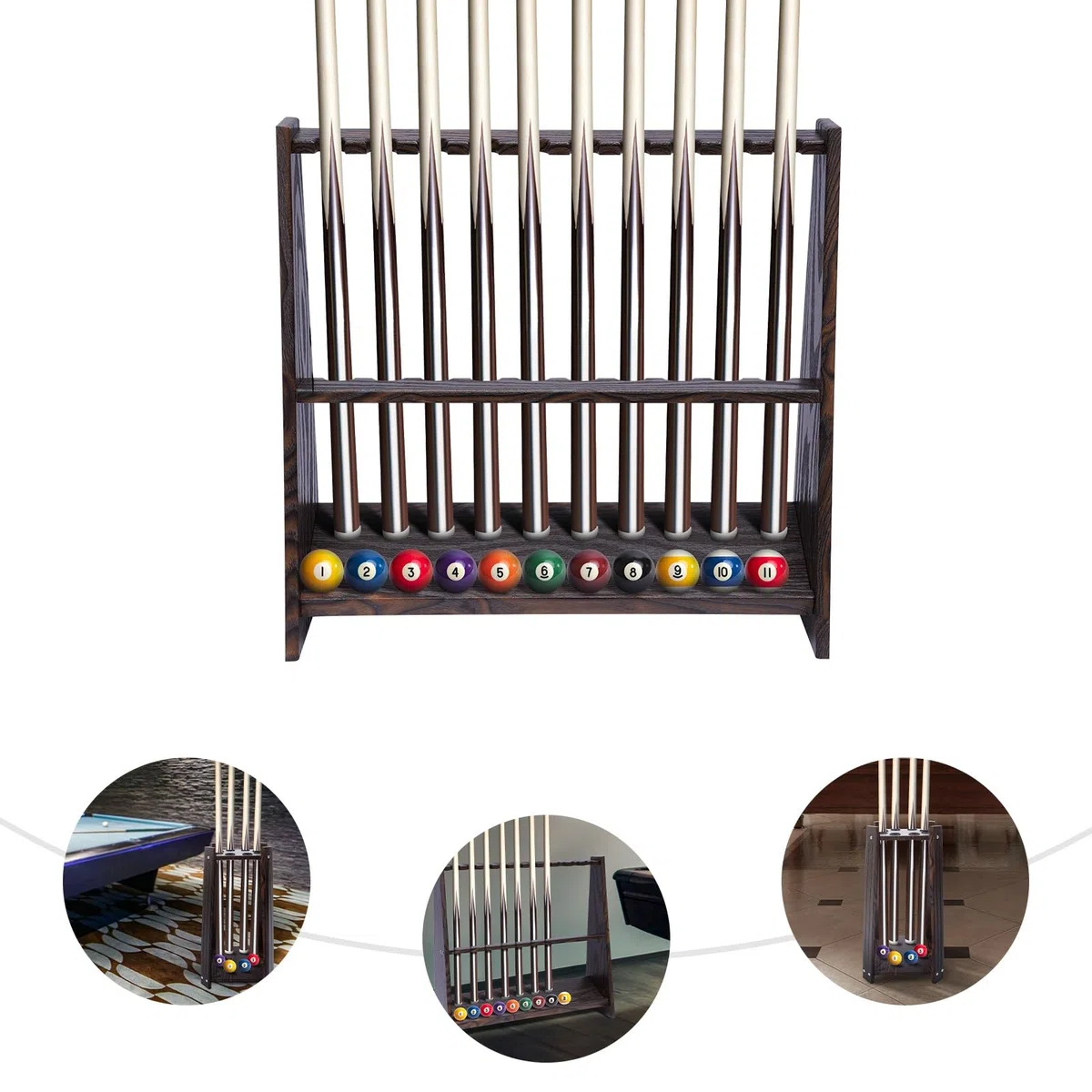 Soporte para taco de billar y bolas de billar, para herramientas de billar, para 10 palos de billar, color marrón