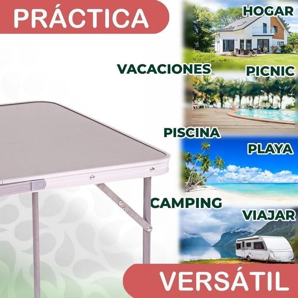 LOLAhome Mesa Plegable Camping y Playa 80x60x70 cm, Mesa Picnic portátil con asa Transporte, Patas Plegables Acero, Tablero MDF Aspecto Madera Nogal, Gris, antivuelco y compacta.