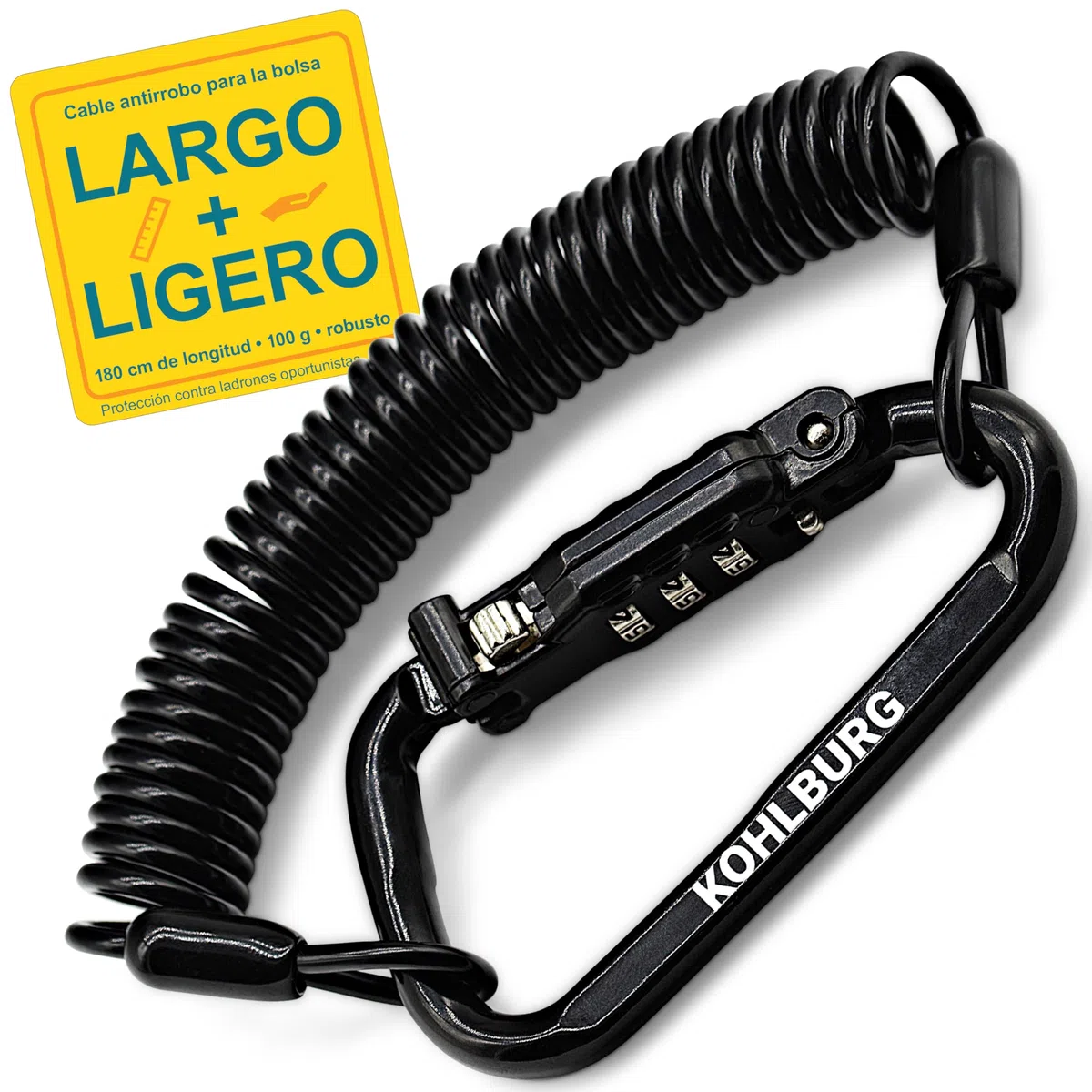 KOHLBURG candado bicicleta combinacion [180 cm extra larga y ligero] - candado cable de 3 mm de grosor - para carrito de bebés, casco moto, candado esquis y snowboard, bici, cadena bicicleta