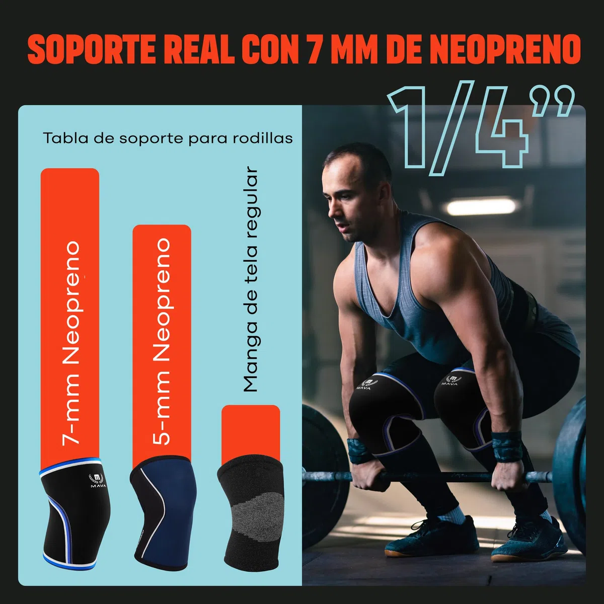 Mava Sports Rodilleras deportivas de neopreno, 7 mm, para entrenamiento, halterofilia, sentadillas, musculación, fitness, soporte de rodilla, Unisex, Negro S