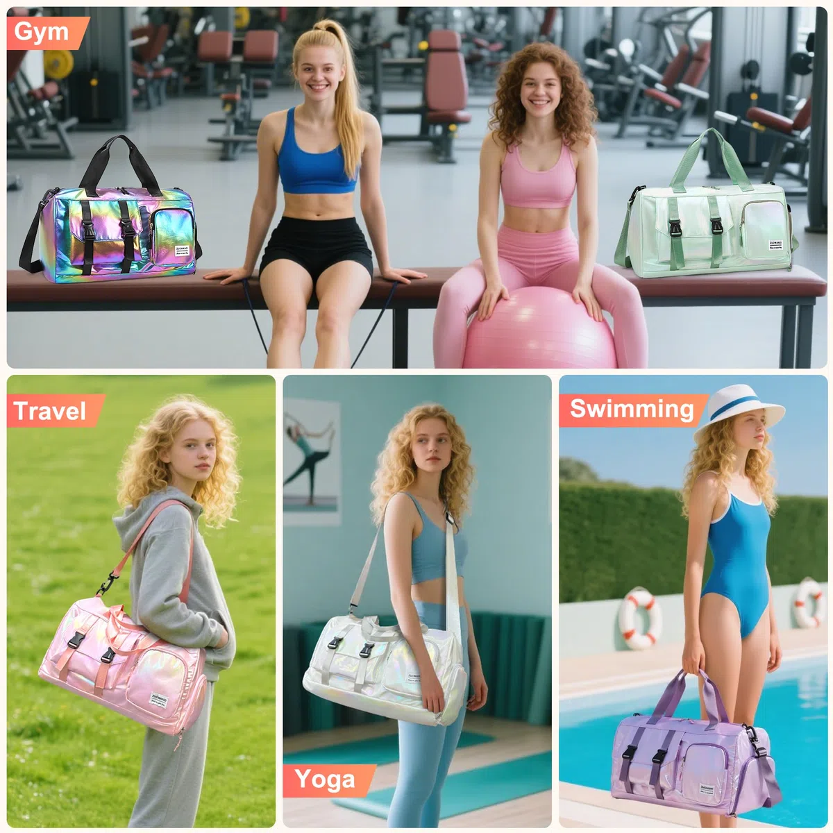 Bolsa Deporte Mujer Grande Bolsa de Viaje con Compartimento Zapatos y Bolsillo Húmedo Bolso Gimnasio Impermeable Bolsa Fin de Semana Ligera Bolsa Natacion 24L para Yoga Gym Piscina, Blanco