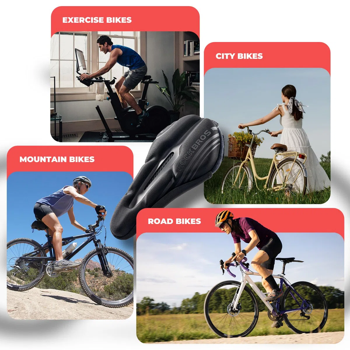 ROCKBROS Sillín Cubre Bicicleta Gel para Hombre Mujer, Cojín de Asiento de Bicicleta con Funda Impermeable, Sillín Cojín Suave para Bicicleta de Carretera y Montaña