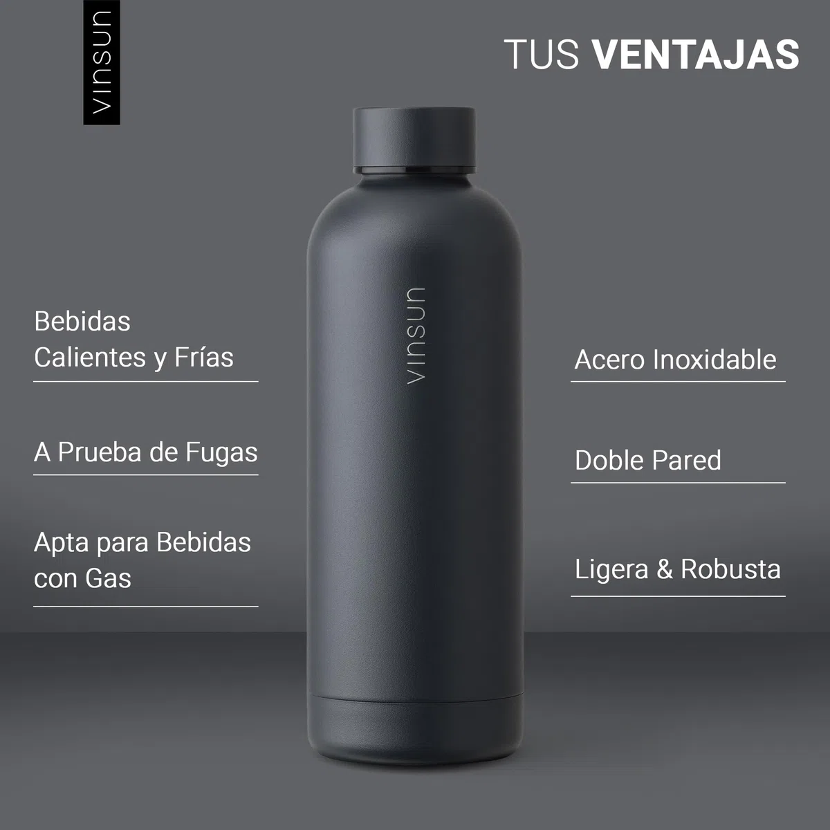 Vinsun Botella agua acero inoxidable 500ml - Antigoteo, sin BPA, reutilizable - Botella termica antracita - Cantimplora termica para Deporte, Colegio, Bicicleta, Oficina