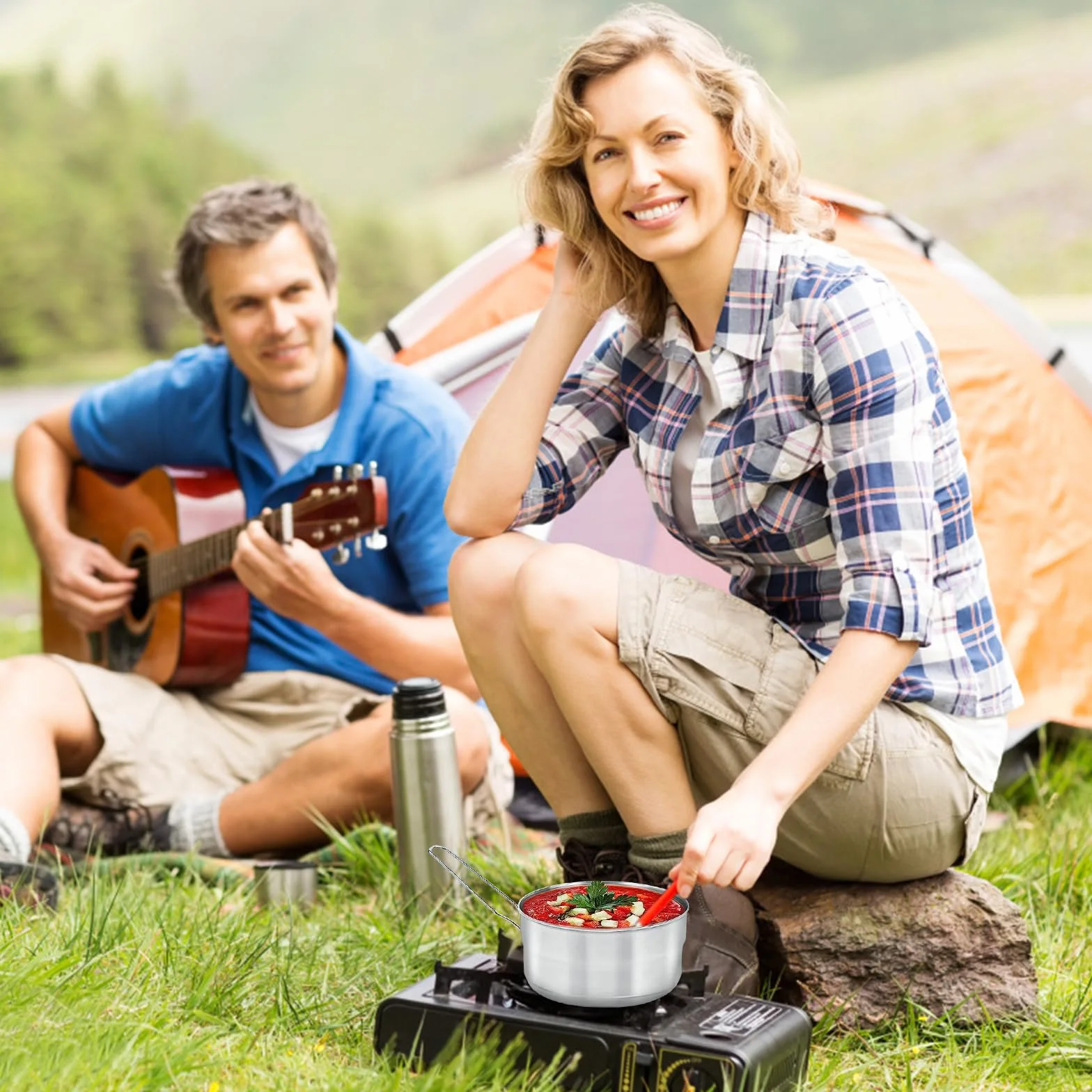 1.5L Olla de Camping Acero Inoxidable, Olla Bento de Gran Capacidad Utensilios de Cocina al Aire Libre con Tapa y Asa Plegable y Bolsa de Almacenamiento