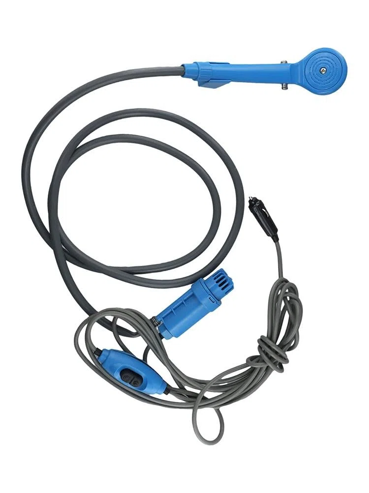 Ducha eléctrica portátil de 12 V CC para camping, senderismo, viajes, con bomba de 2,5 l/min, manguera de 2 m y cable de 4 m, color azul