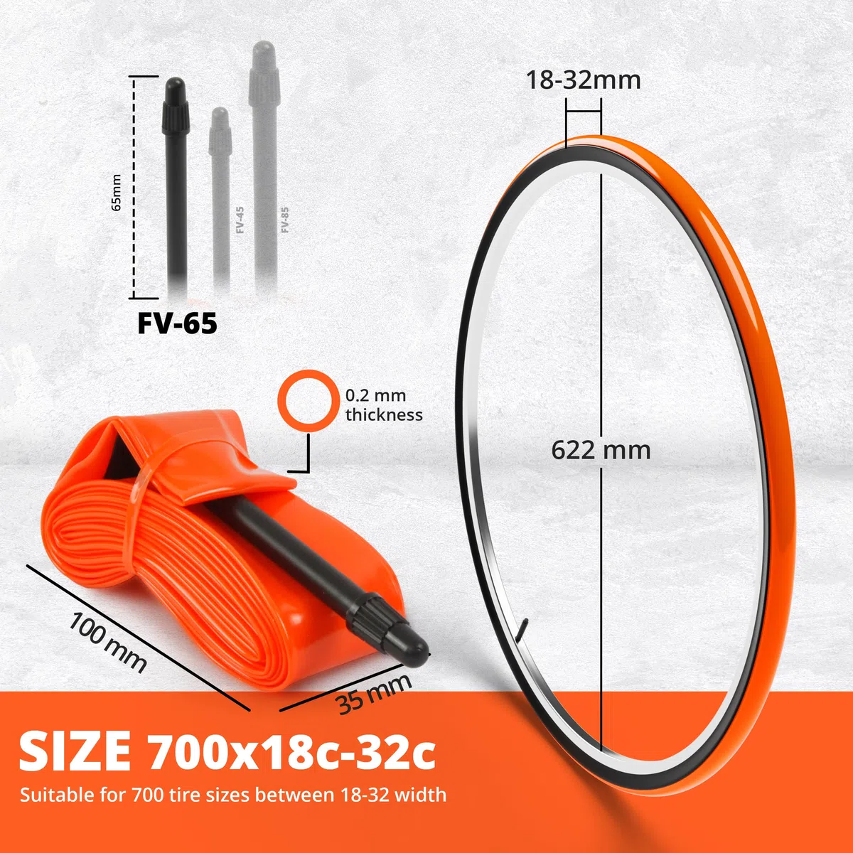 IMPALAPRO - Cámara Bicicleta Carretera 700 x 18-32C Ultraligera 28g 0.2mm válvula Presta 45/65/85mm - Camaras de Aire 700 - Camara Bici Carretera 700 - Camara Bici 700