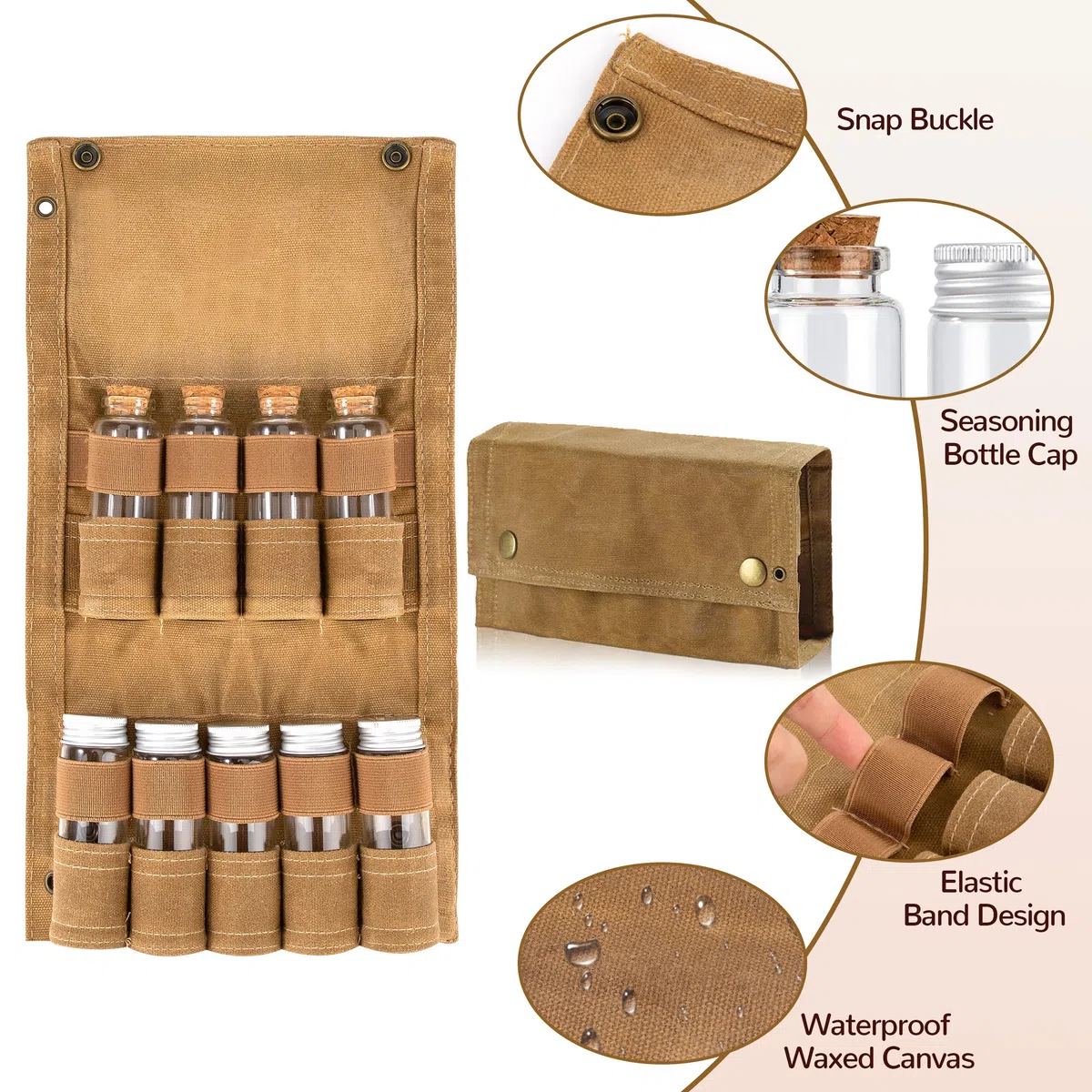 Kit de Especias de Camping con 9 Tarros de Especias Bolsa de Almacenamiento de Condimentos de Lona Portátil Juego de Contenedores para Acampar Picnic Barbacoa Caqui