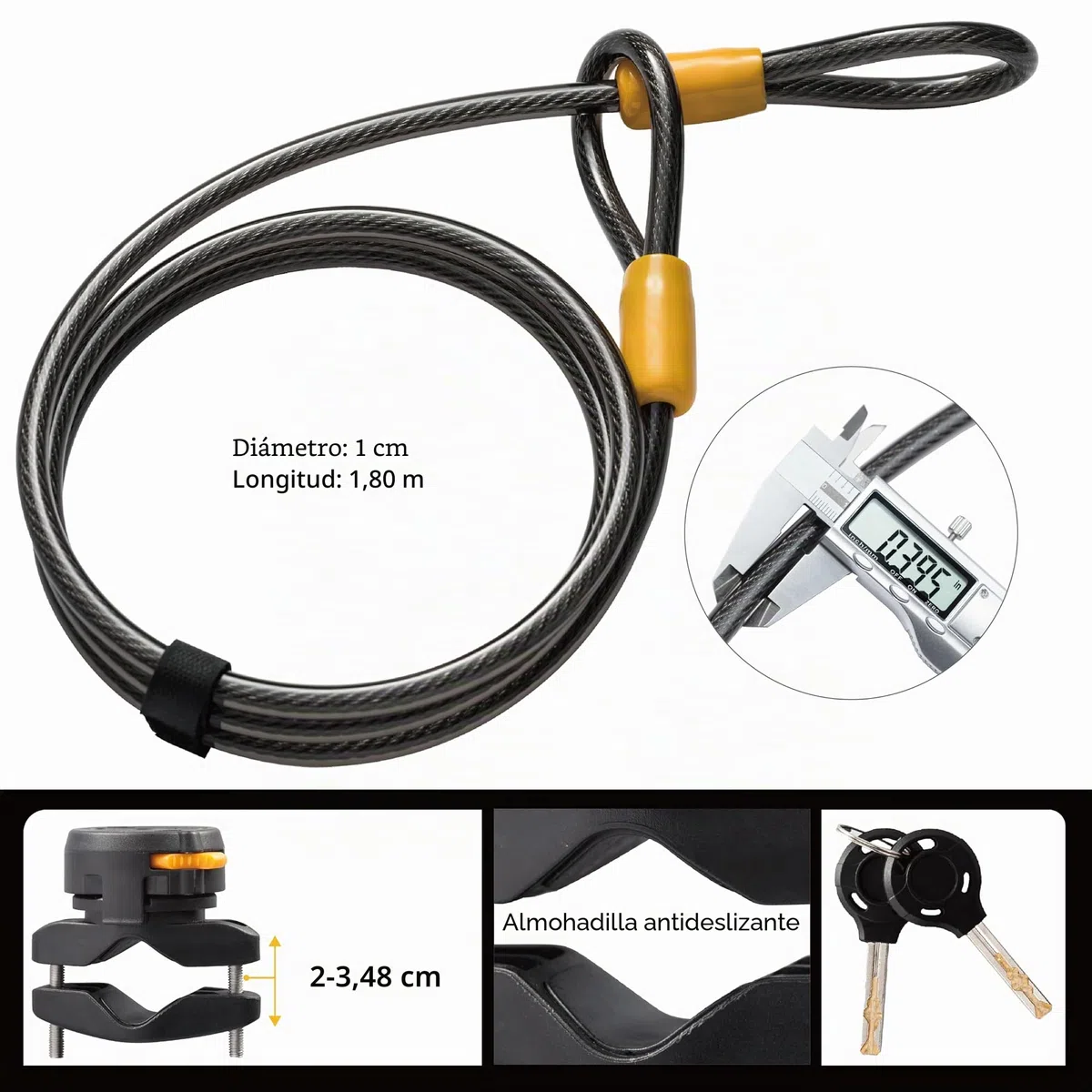 Candado U Lock para Bicicleta con con Cable - Robusto Candado U Lock Via Velo, Cerradura de Bloqueo de 14mm y 10mm x1.8m Cable con Soporte de Montaje para Bicicleta