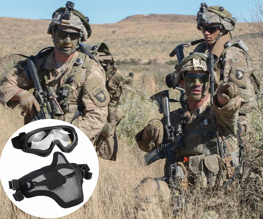 Juego de máscaras y Gafas Airsoft, máscara de Malla de Acero Completa de Media Cara y Gafas para CS/Caza/Paintball/Disparos