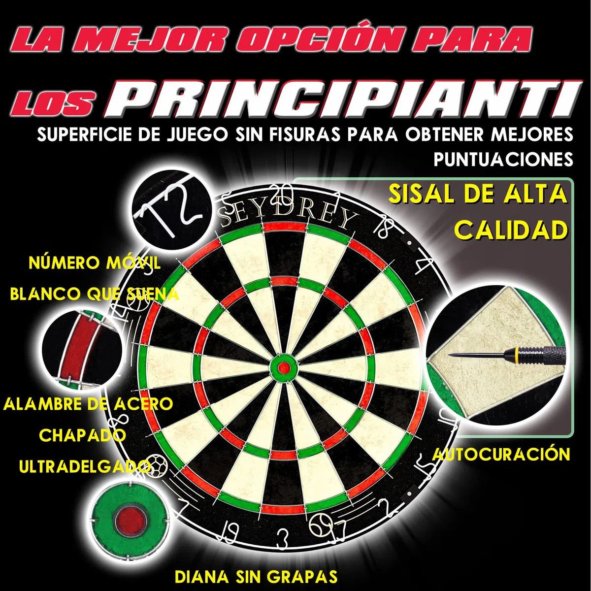 Seydrey Diana de Corcho con Flechas, Diana Oficial de Acero, Juego de 6 Dardos con Punta de Metal, 12 Plumas, Ranura giratoria