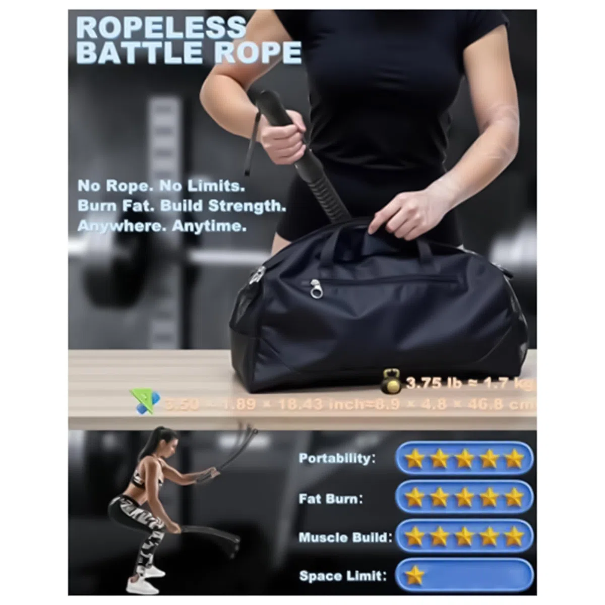 Ropelesss Battle Ropes - Cuerdas de entrenamiento portátiles para entrenamientos HIIT, entrenamiento cardiovascular, equipos de fitness para hombre y mujer