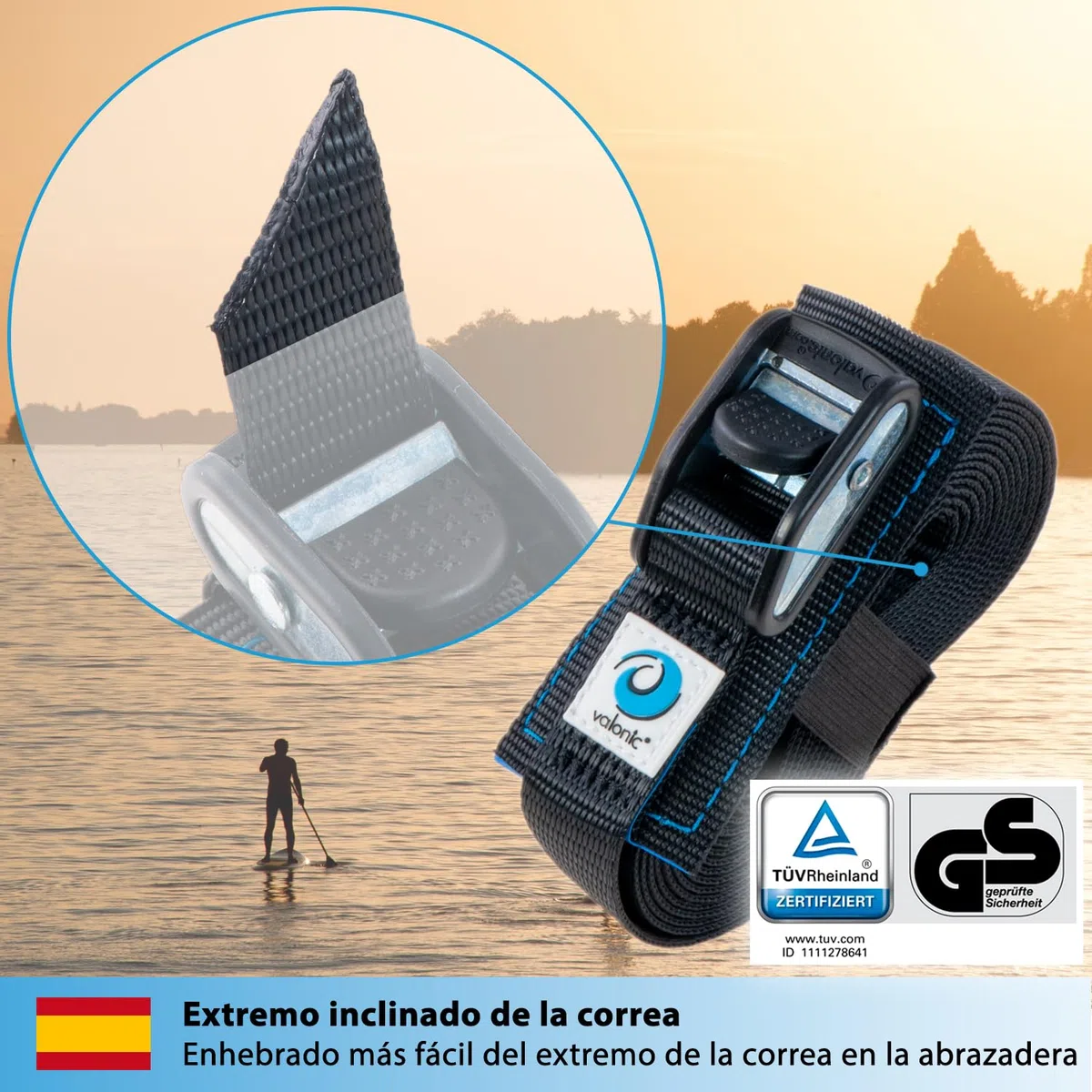 valonic Dolphin - 2X 6m cincha de Amarre con Cierre de apriete, 25mm, 500 Kg, Acolchada, Certificado TÜV Rheinl. / GS, EN-12195-2 - Negro, Correa de Amarre para Tabla de Paddle Surf o Kayak