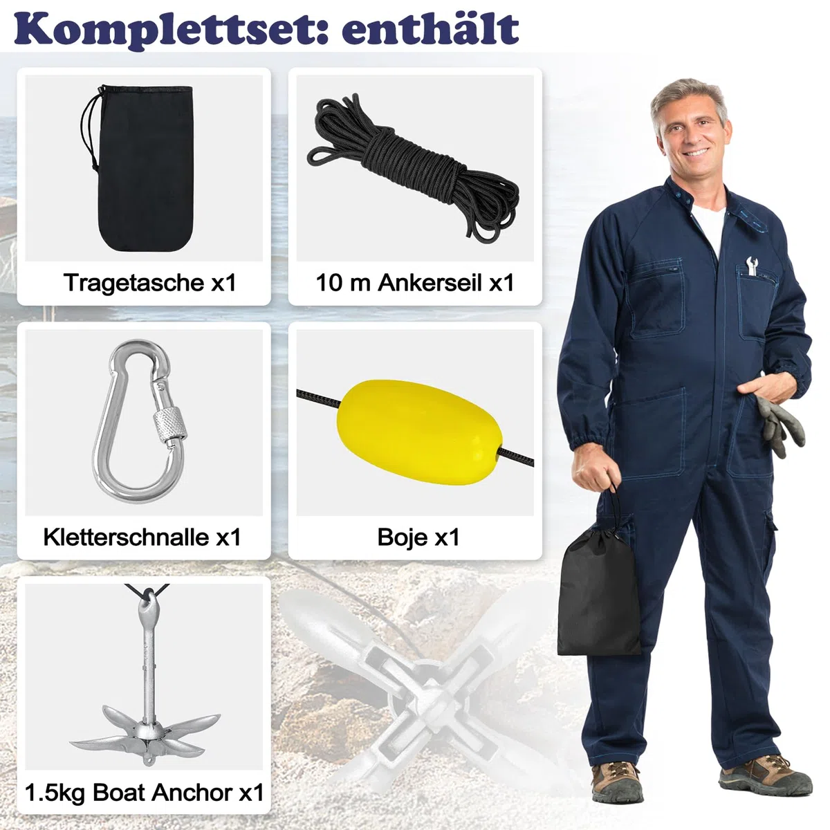 YUENFONG Ancla Plegable, Ancla Plegable con Cuerda de Ancla de 10 m, Juego de Ancla de Hierro galvanizado, Ancla de Cuatro Ganchos, incluida Bolsa Impermeable, para Kayaks, canoas