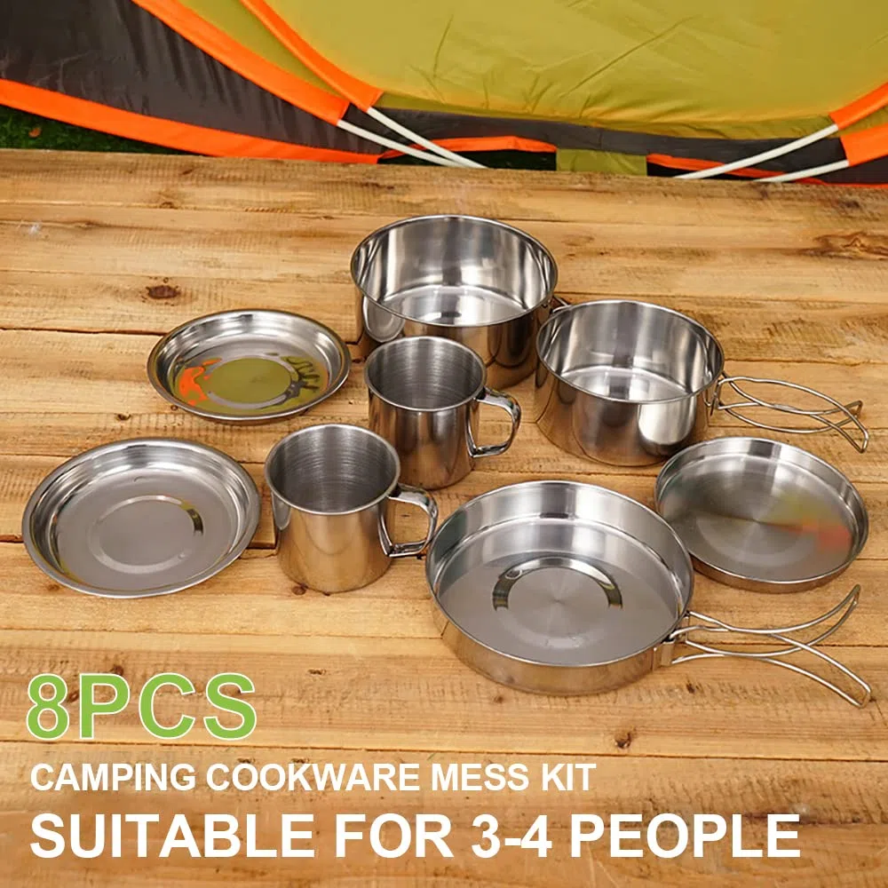 8PCS Kit de Utensilios Cocina Camping Acero Inoxidable Juego Olla y Sartén con Platos Vasos para Campamentos Excursiones Mochilería al Aire Libre
