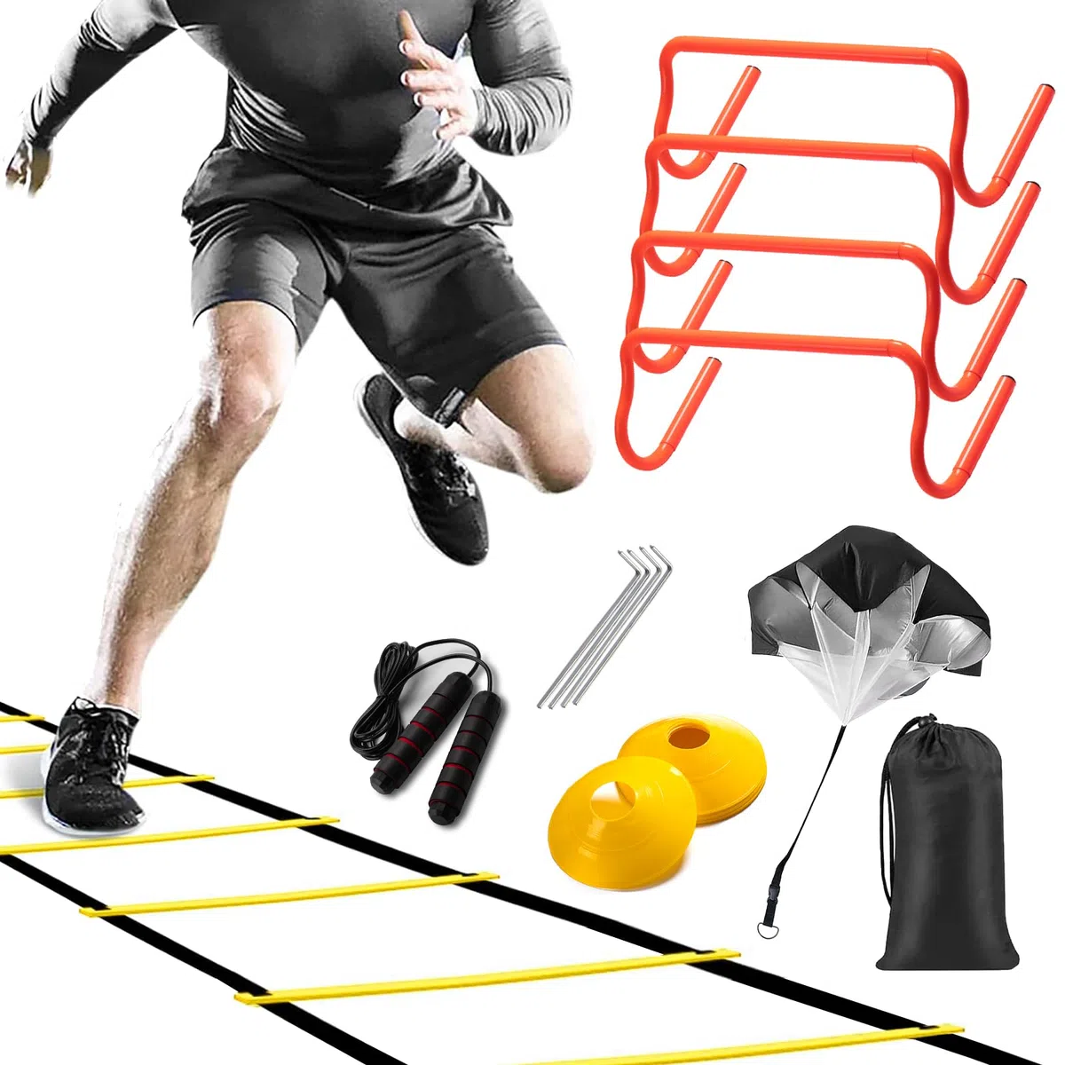El kit de equipo de entrenamiento de agilidad incluye 12 escaleras de agilidad, 4 obstáculos de agilidad, 12 conos de fútbol, cuerda de saltar, paracaídas, equipo de entrenamiento de fútbol,