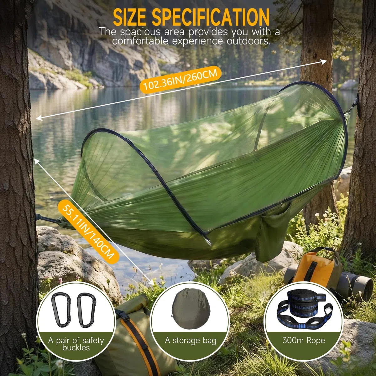 Hamaca de Camping con Mosquitero,300 kg, 260x140 cm, Hamaca con Mosquitera, Hamaca Colgante Ultraligera en Tela Paracaídas 2 Personas, Ideal para Camping,Jardín,Senderismo