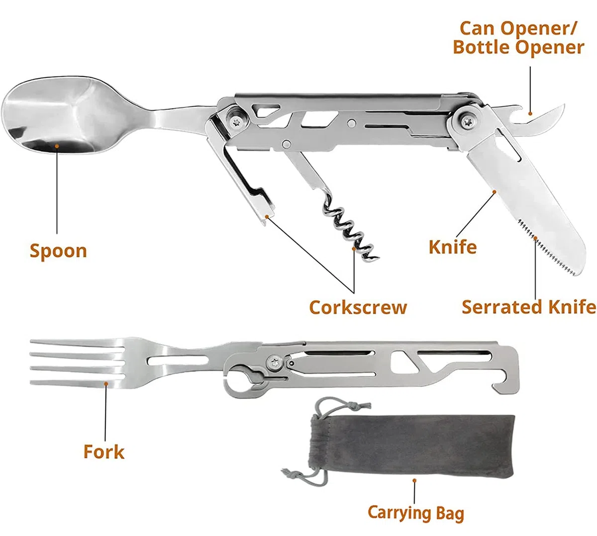 Cubiertos plegables multifuncionales 5 en 1, Vajilla de utensilios para acampar al aire libre, Juego de cubiertos portátil de acero inoxidable para viajes, con bolsa con cordón (2 Paquetes)