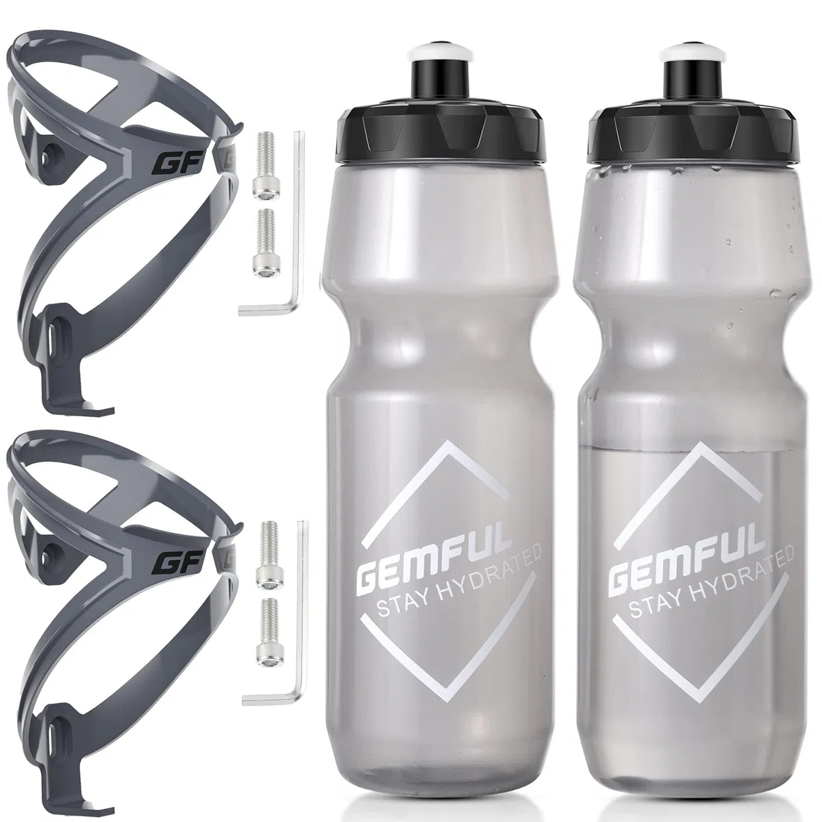 GEMFUL Soporte Botella Bicicleta 750ml con Botella de Agua Negro 4 Piezas（2 Botellas con 2 portabidones