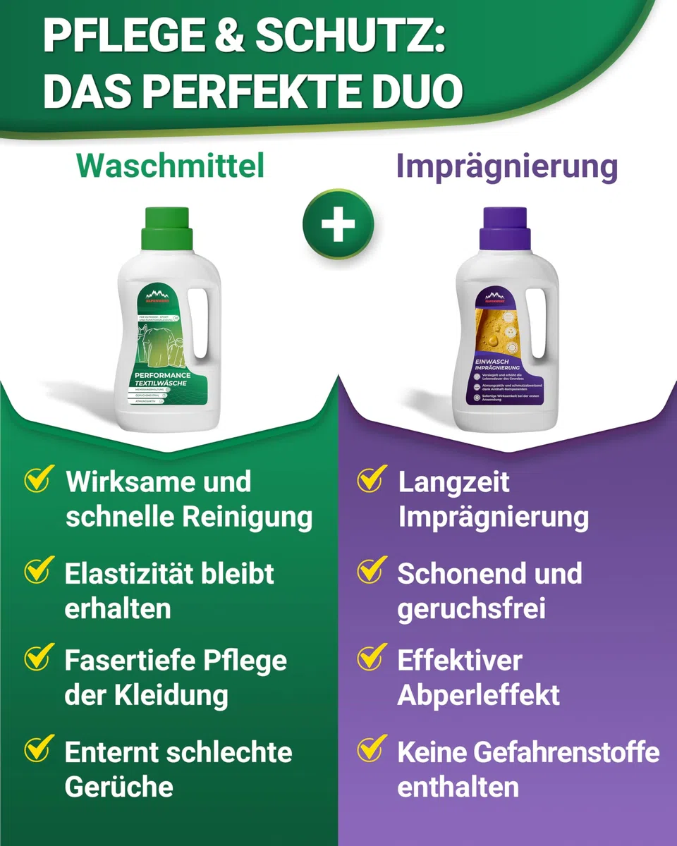 Alpenwert Impregnación de 500 ml + detergente para ropa de 500 ml [fabricado en Alemania] – Detergente para ropa de exterior, esquí y ropa funcional – Gore-tex UVM