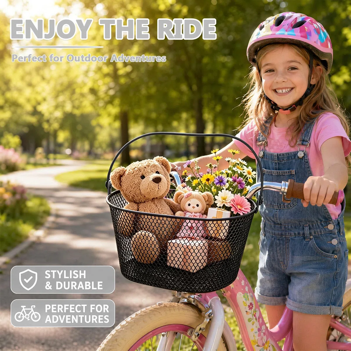 Cesta para bicicleta infantil delantera de metal, cesta de manillar con correa de piel, cesta extraíble para bicicleta para niñas y niños, estable y ligera