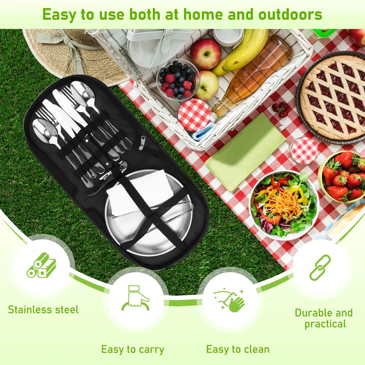 Conjunto de Cubiertos de Camping de 14 Piezas, Acero Inoxidable Juego de Cubiertos de Viaje Portátil, Camping Accesorios Portátiles para Picnic, Viaje, Camping, 2 Personas