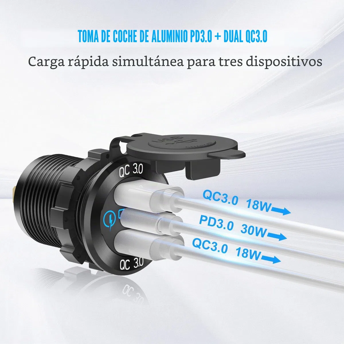 Toma USB 12V Accesorio RV Marina Panel de Interruptores Enchufe, Doble PD3.0 Puerto USB del coche cargador aluminio, 150W Enchufe mechero, Voltímetro LED azul e interruptor de palanca Kit de bricolaje