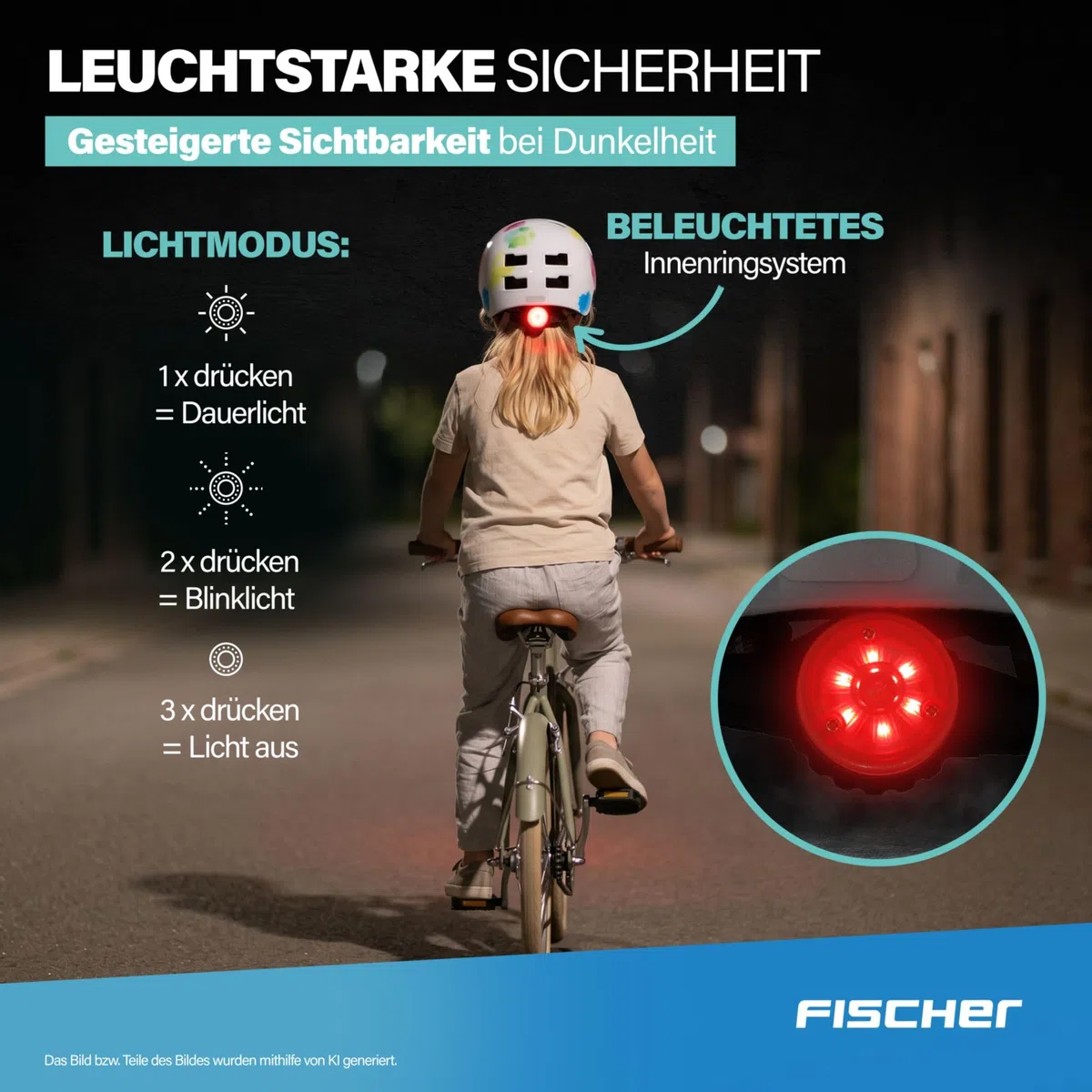 FISCHER Casco de Bicicleta BMX para niños, Casco de Ciclismo, Dirt Bike Plus con luz Trasera LED integrada