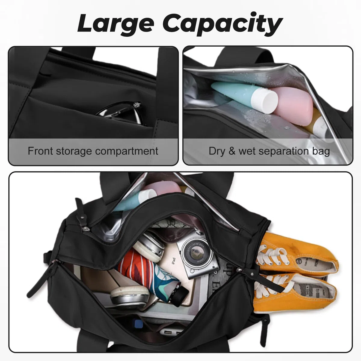 Flintronic Pequeña Bolsa De Deporte para Mujeres, Bolsa de Viaje para Niñas y Niños, Bolsa De Deporte con Zapatero y Bolsillo para Húmedos, para Fitness, Natación y Viaje (Negro)