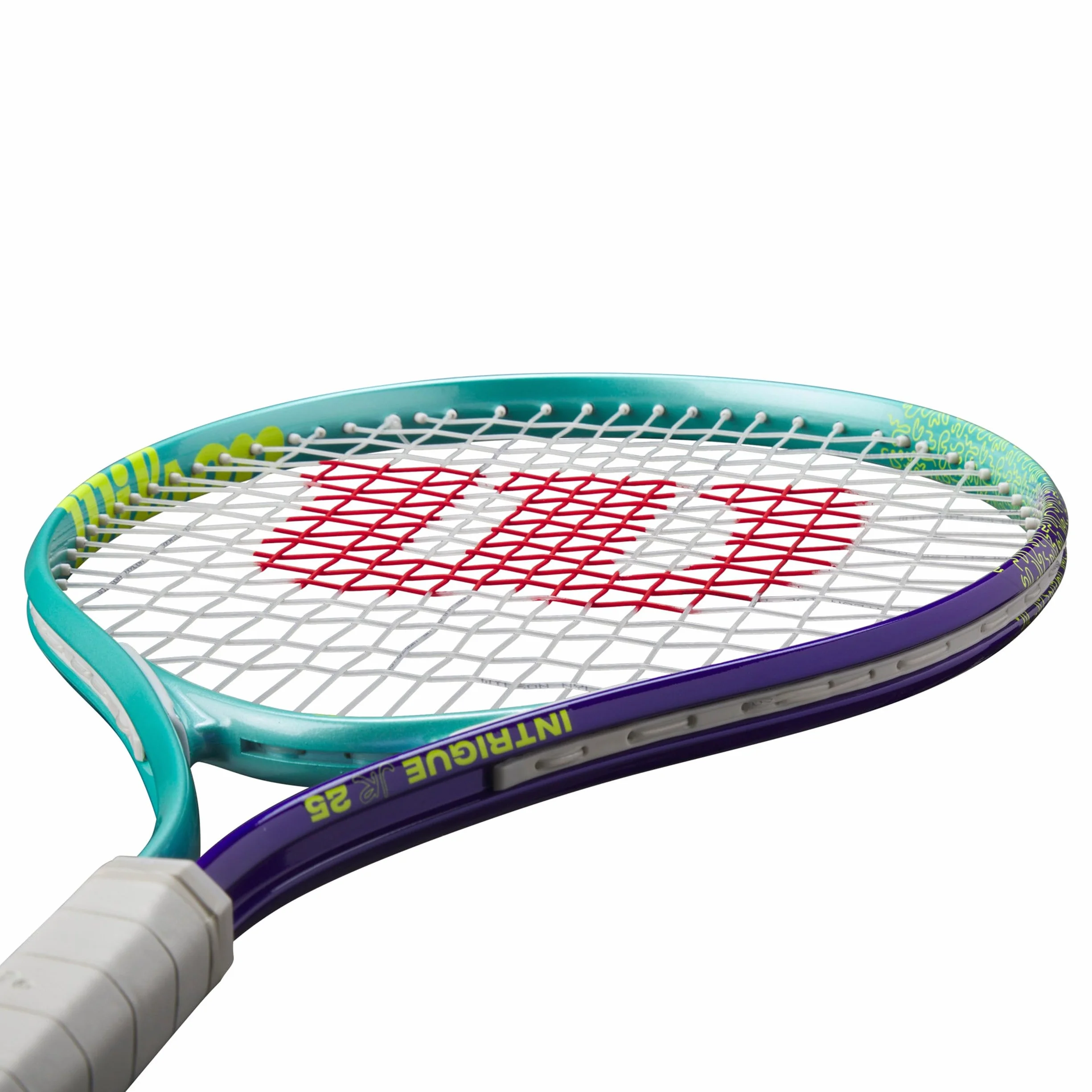 Raqueta de Tenis Wilson Intrigue Jr 25, Marco Ligero, Juego Estable y Golpes Potentes, Cuerdas Amigables para el Brazo, Color: Verde Azulado/Azul, Tamaño: 25