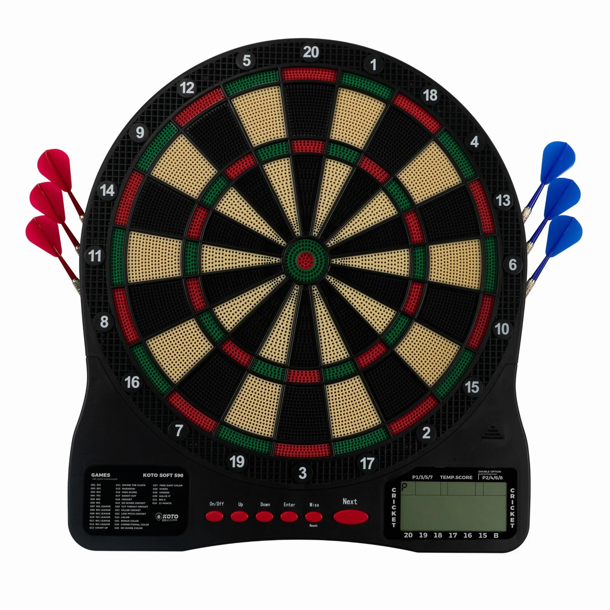 KOTO – Diana Electrónica Soft 590 Inalámbrica, 6 Dardos Soft + 24 Puntas, 32 Juegos, 590 Variantes, Portátil y Fácil de Instalar