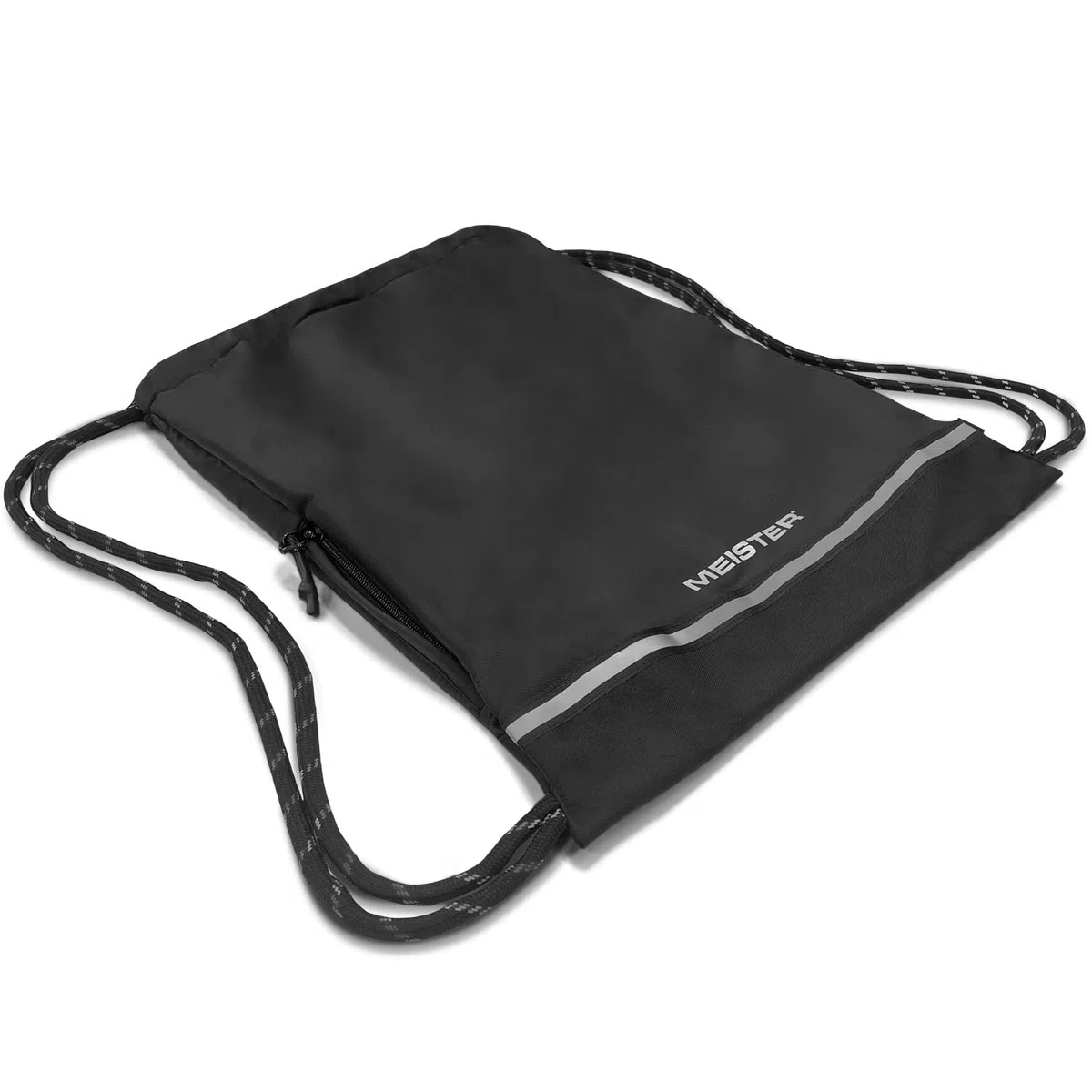 Meister Mochila XL con Cordón - Bolsa de Cuerda Impermeable para Gimnasio - Negra/Reflectante | Bolsillo externo con cremallera y accesorio interno con detalles reflectantes para mayor visibilidad
