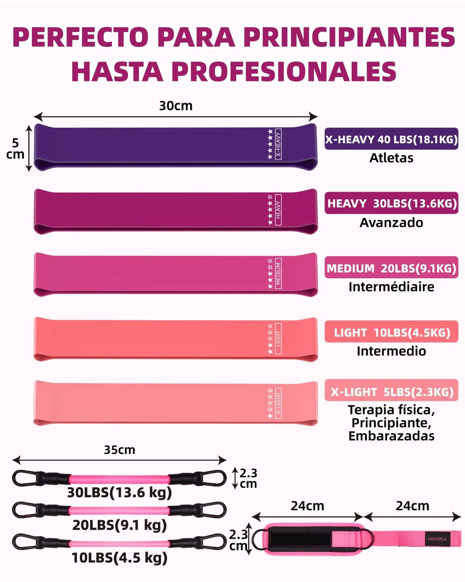 Set de Bandas elasticas 12 Piezas - Bandas de Resistencia TPE de 5 a 40 LB y Tobilleras Gym de 10 a 30 LB, para Entrenamiento, Fitness, Yoga y casa, Incluye guía de Entrenamiento y Bolsa