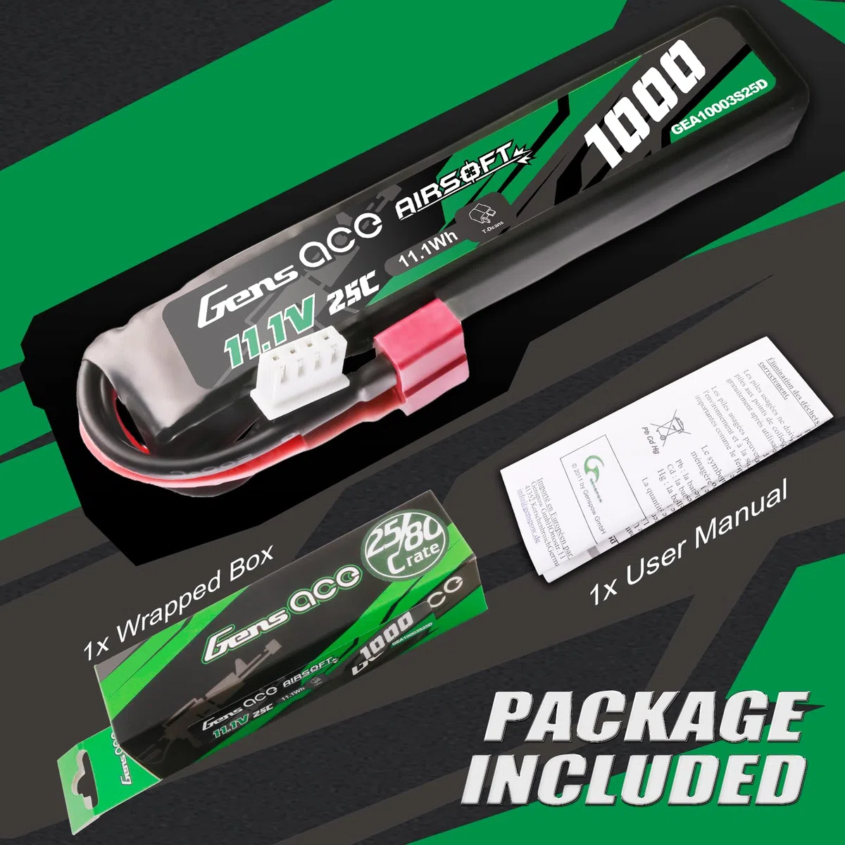 Gens Ace Batería LiPo 11,1 V 1000 mAh 25C 3S1P con Conector Deans (T-Deans), Compatible con Réplicas de Airsoft AEG