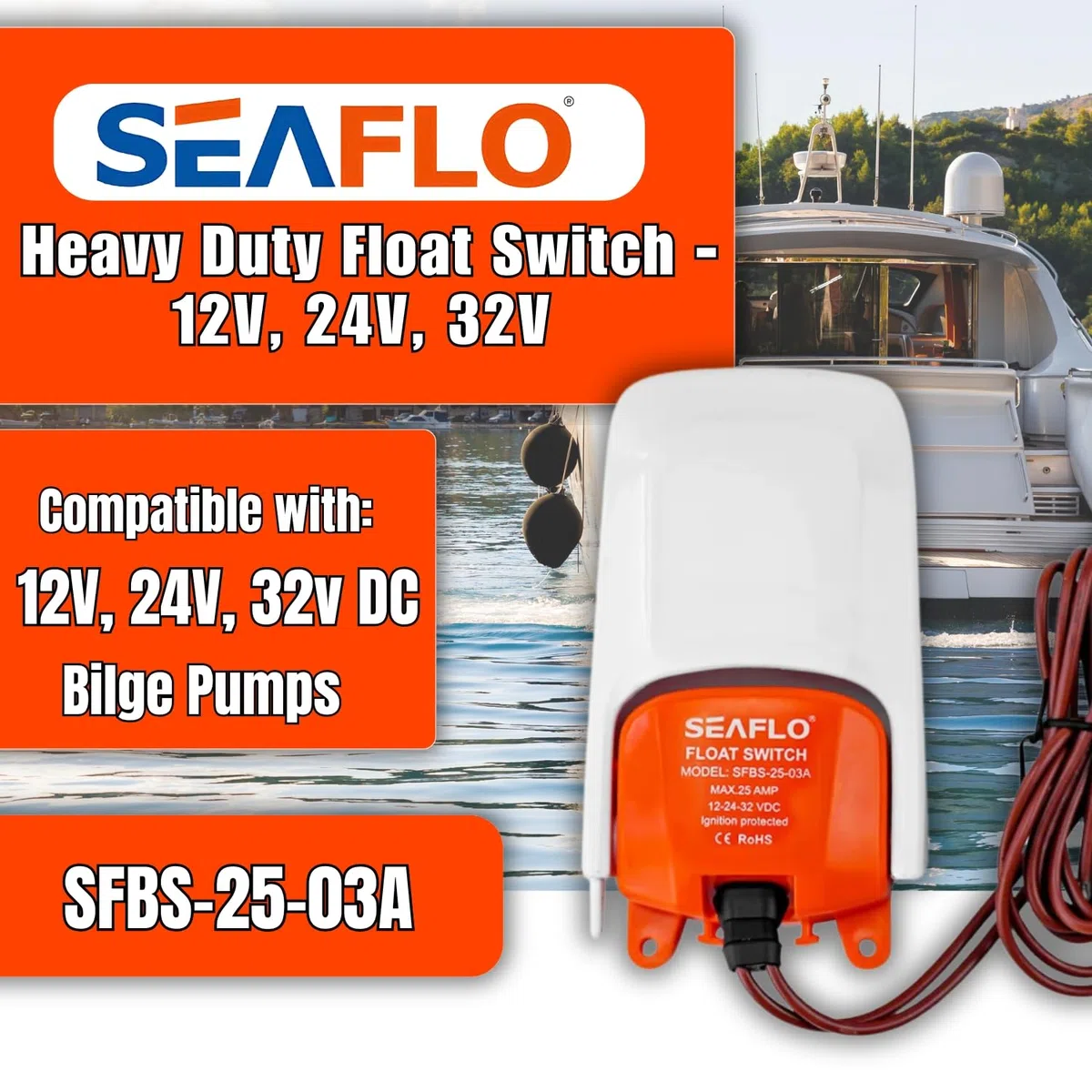 Seaflo SFBS-30-01 BOAT BILGE PUMP SWITCH (12V, 24V, 32V) by Seaflo