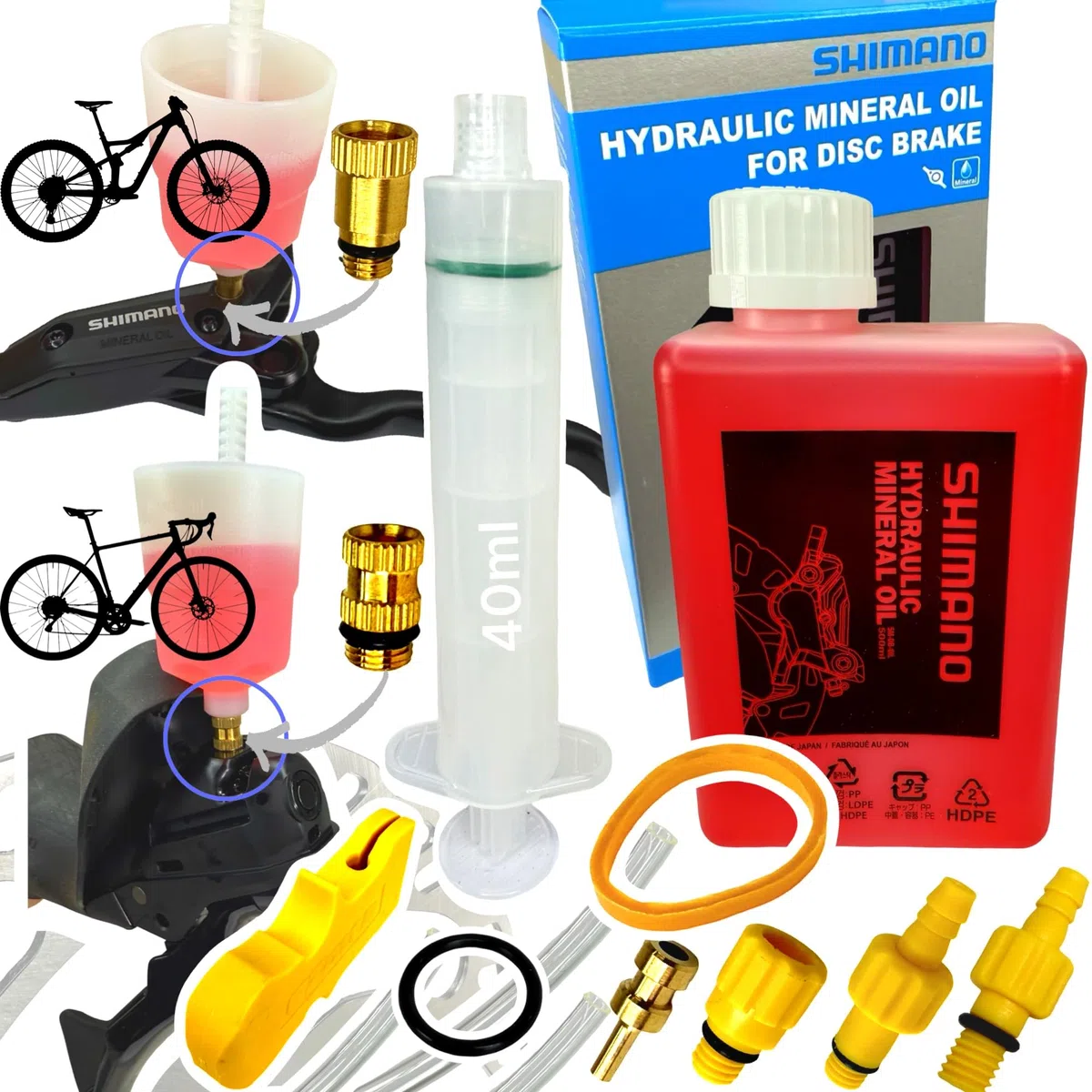 Shimano - Aceite mineral hidráulico de 500 ml + frenos de disco F26, kit de mantenimiento Pro Service Kit MTB City Ebike & STI Road Gravel Disc Purgador de Disco, Embudo con conector M5 M6 M7