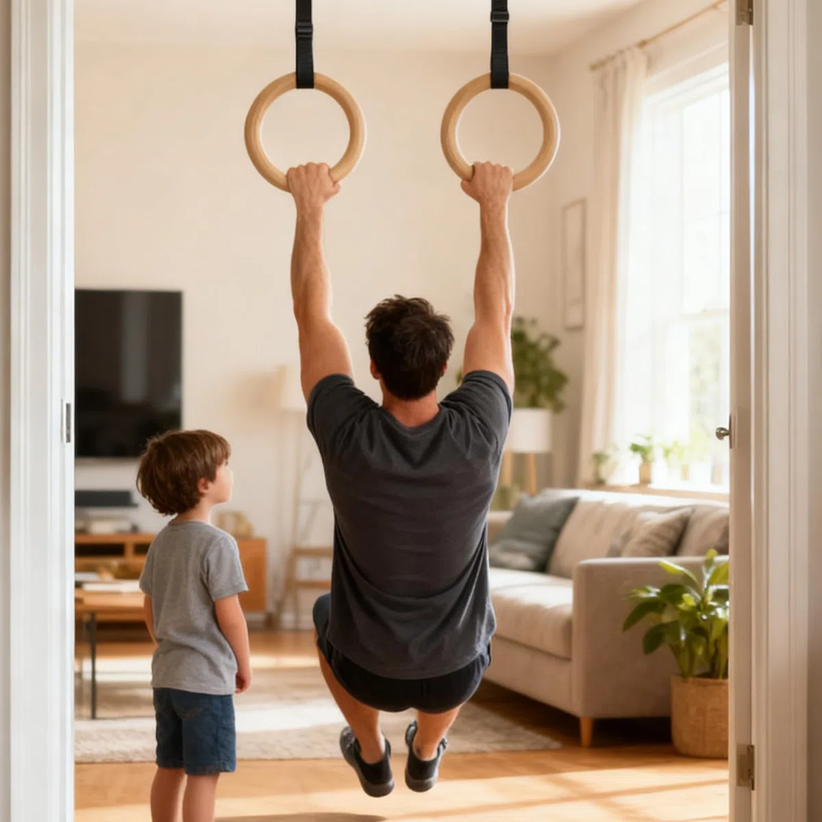 Anillos de barra de dominadas, 2 agarres de madera para gimnasia, 450 g, anillos de ejercicio de fitness para gimnasio en casa, parque infantil, interior, exterior, herramienta de fuerza para la parte