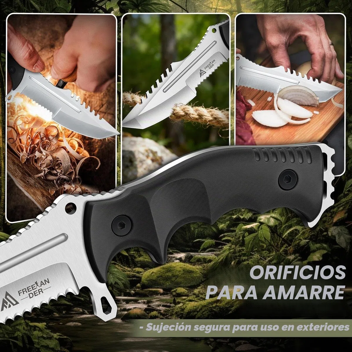 Freelander Cuchillos de Supervivencia Hoja Fija Acero D2 con Funda Kydex, Full Tang Cuchillos de Monte y Supervivencia, Negro