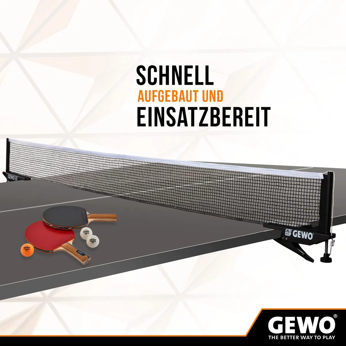GEWO CS Clip - Red de Ping Pong para Mesa de Ping Pong, Resistente y Resistente, Juego de Metal para Sujetar con Tornillo de Ajuste de Altura y Estructura de Red Resistente, Color Negro, 152,5 cm de