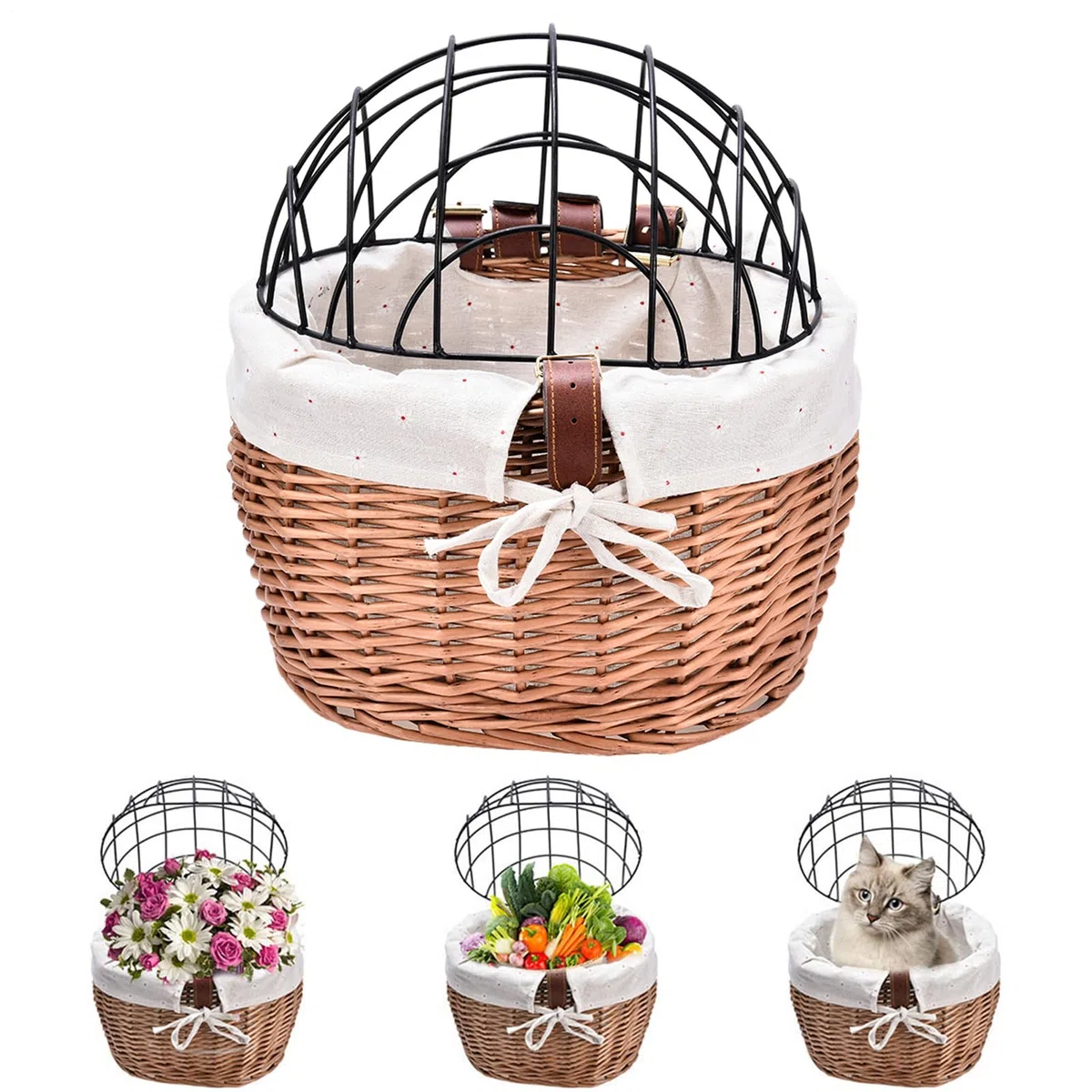 Cesta de Gato para Bicicleta - Transportín para Mascotas de Mimbre con Jaula de Alambre para Bicicleta | Portador de Perro de Multiusos Desmontable, Asiento de Perro de Cesta Tejida delanter