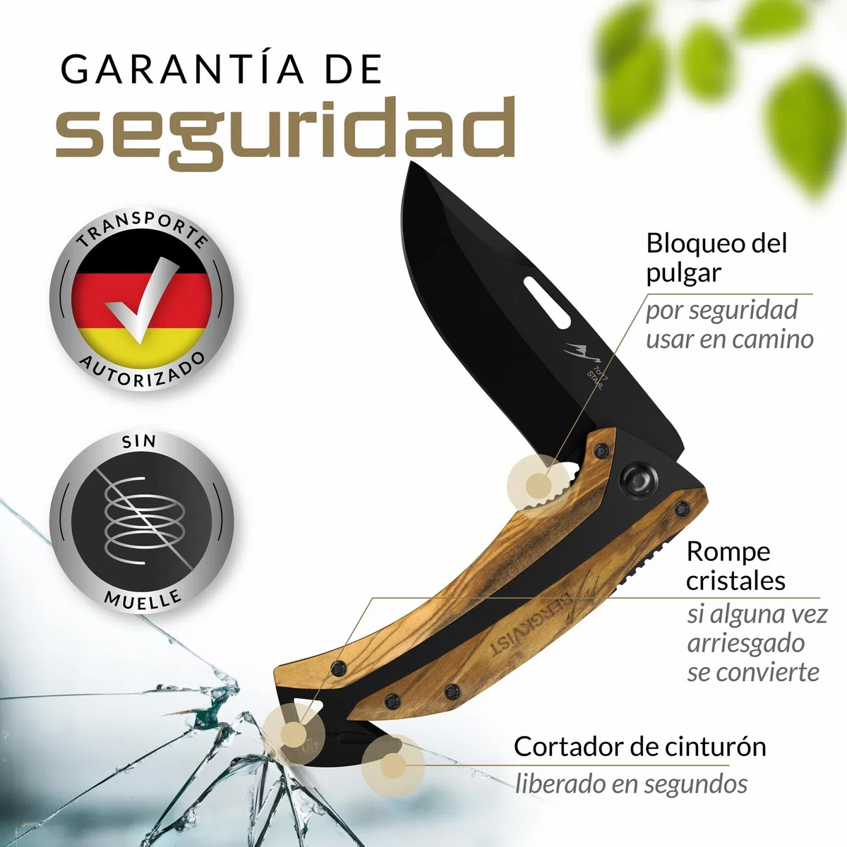 BERGKVIST K30 Cuchillo plegable Tiger [navaja de dos manos] | Navaja de bolsillo 3 en 1 con rompecristales y cortacinturones para exteriores y supervivencia, mango de madera