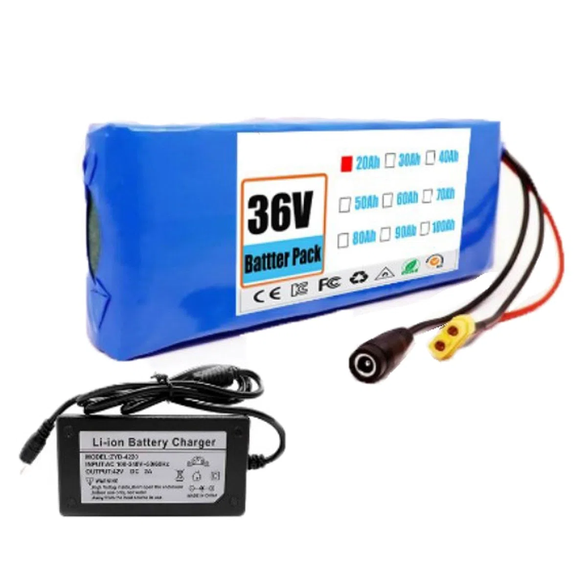 36V 20Ah Bateria para Bicicleta Electrica Batería De Alta Potencia, 10S1P PVC Impermeable Ebike Batería con Cargador para 200W 350W 500W 750W 800W Motor 36V 20Ah,XT60+DC