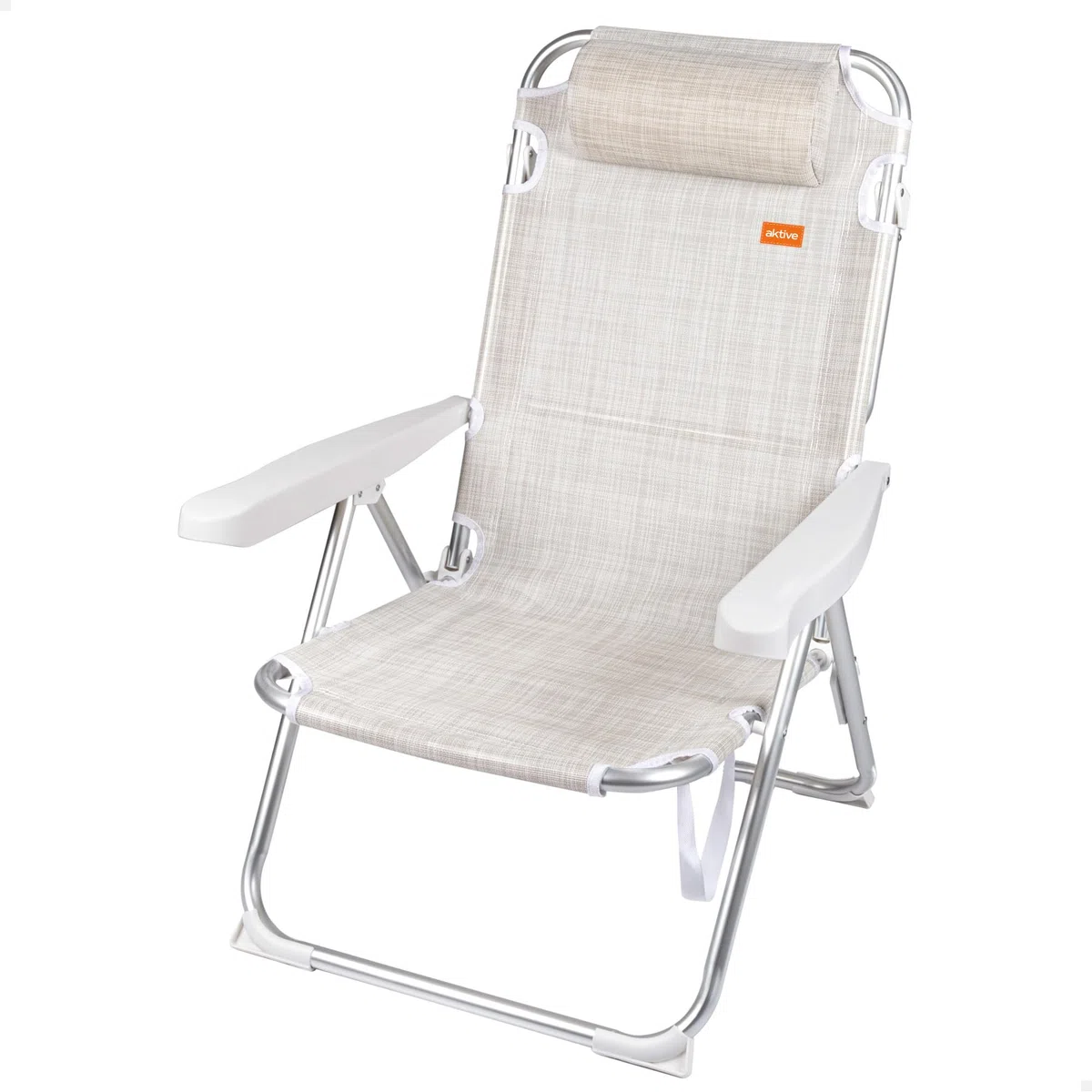 AKTIVE 62641 - Silla de Playa Plegable Antivuelco Crema, Reclinable 5 Posiciones, Resistente y Ligera con asa de Transporte y cojín, Peso máx. soportado 110Kg., Medidas 48x60x90cm, Sillas de Playa