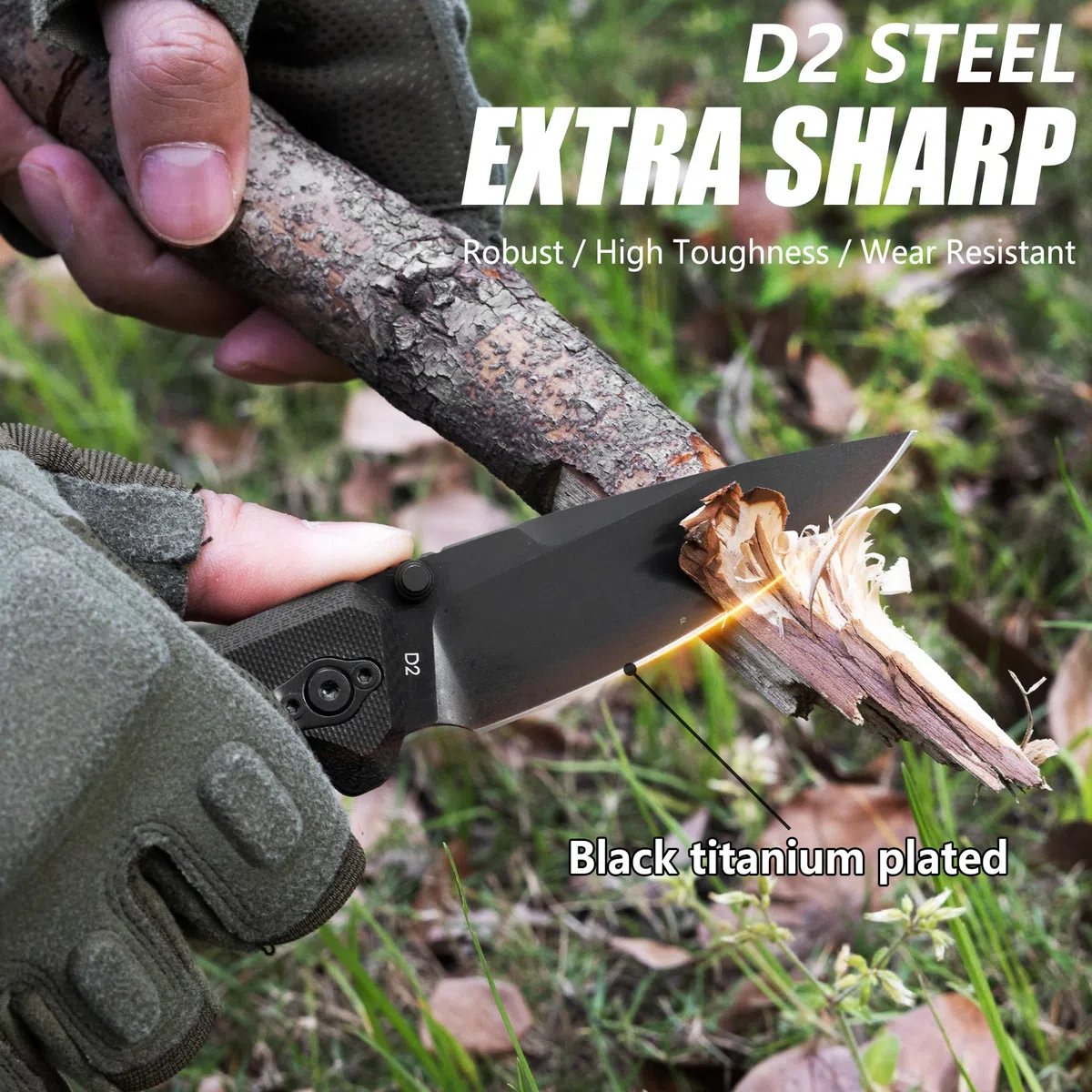 FLISSA Navaja Plegable, Cuchillo Plegable con Mango de G10, EDC de 200mm, Material D2, Clip para Cinturón, para Camping, Senderismo, Viaje