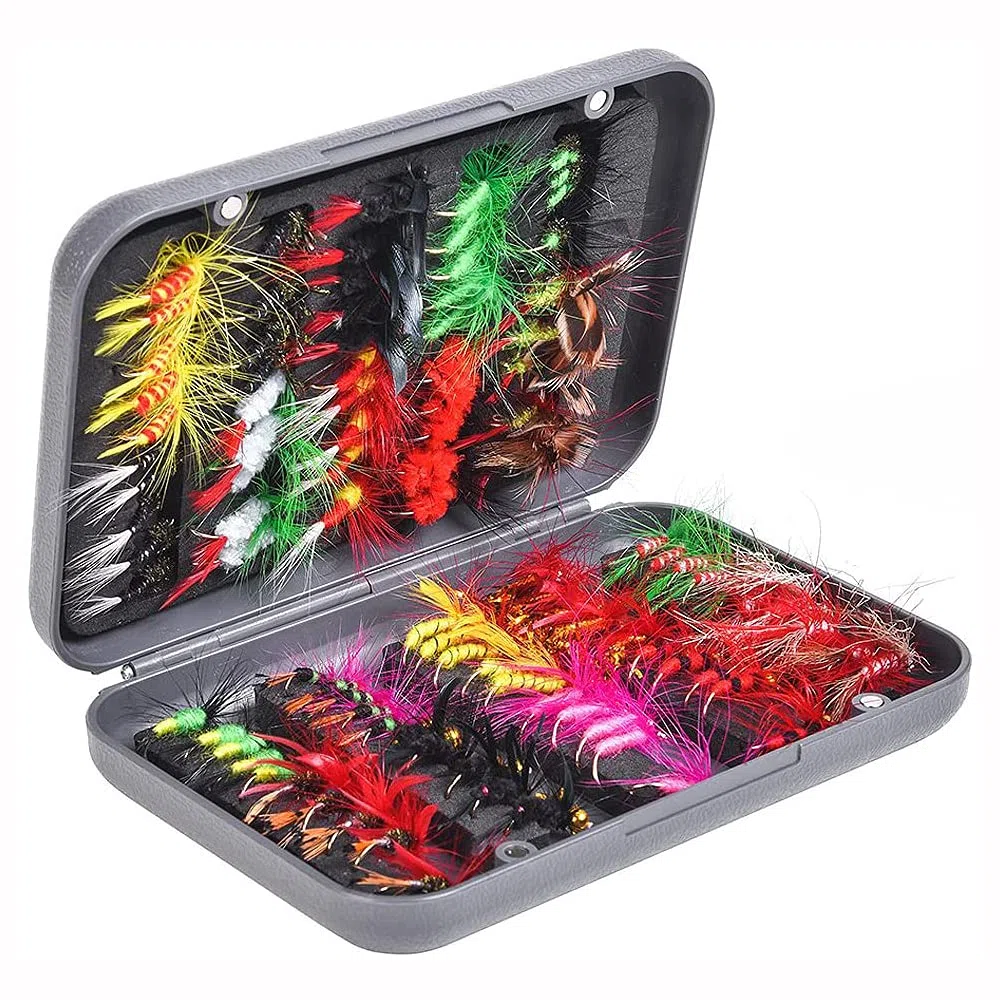 Kit de pesca con mosca de 100 piezas, surtido de moscas secas y húmedas con caja impermeable para pesca de truchas